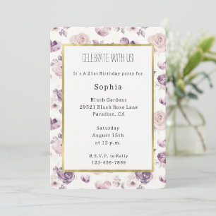 Purple Pink Flowers & Hearts Birthday Invitation