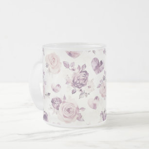 Purple Pink Flowers & Hearts Frosted Glass Coffee Mug