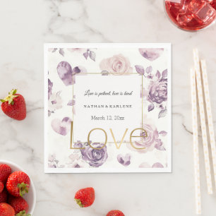 Purple Pink Flowers & Hearts Love Wedding Napkin