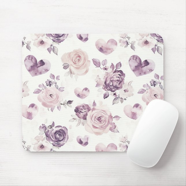 Purple Pink Flowers & Hearts Mouse Mat (With Mouse)