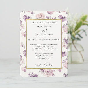 Purple Pink Flowers & Hearts Wedding Invitation