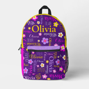 Purple pink flowers personalised name all over printed backpack