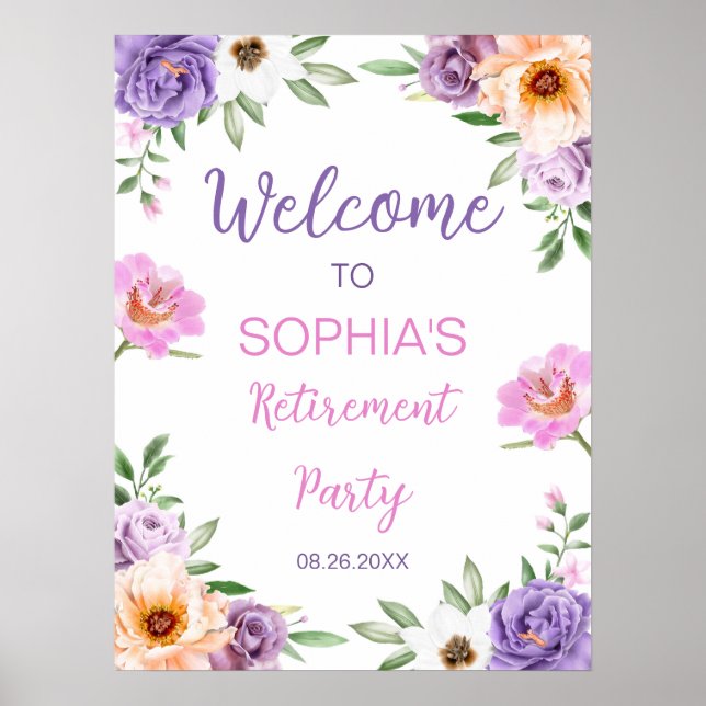 Purple pink flowers Retirement Party Welcome Sign (Front)