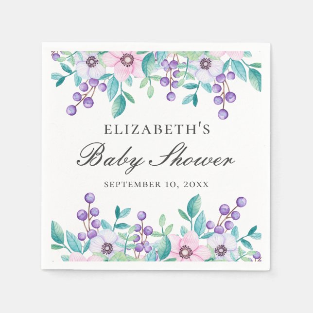Purple pink flowers. Watercolor floral baby shower Napkin (Front)