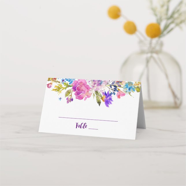 Purple & Pink Flowers Wedding Place Card (Front)