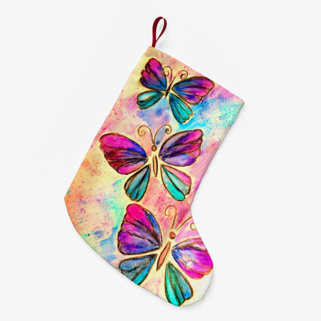 Purple Pink Flying Butterflies Christmas Stocking (Front (Hanging))