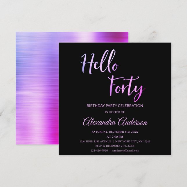 Purple Pink Foil Hello 40 Forty Birthday Party Invitation (Front/Back)