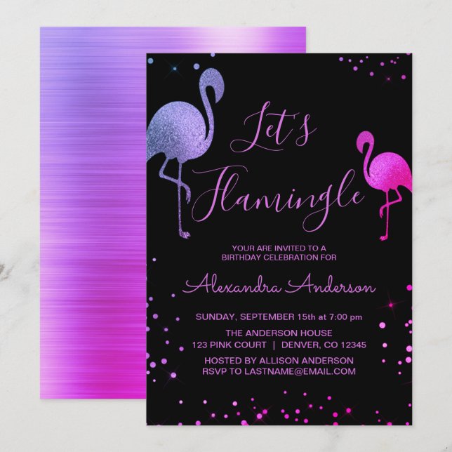 Purple Pink Foil Let's Flamingle  - Flamingo Invitation (Front/Back)