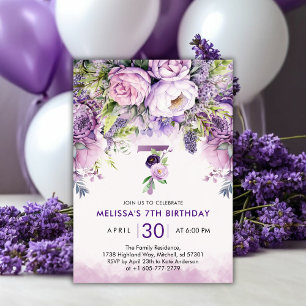 Purple & Pink Garden Flowers Girl 7th Birthday Invitation