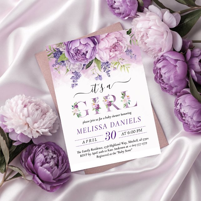 Purple & Pink Garden Flowers Girl Baby Shower Invitation (Purple & Pink Garden Flowers Girl Baby Shower Invitation)