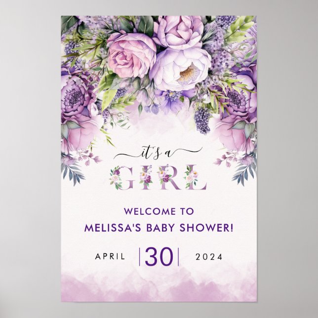 Purple & Pink Garden Flowers Girl Baby Shower Poster (Front)