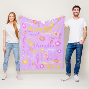 Purple pink girls name Amelia flower blanket