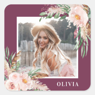 Purple Pink girly floral photo birthday favour Square Sticker