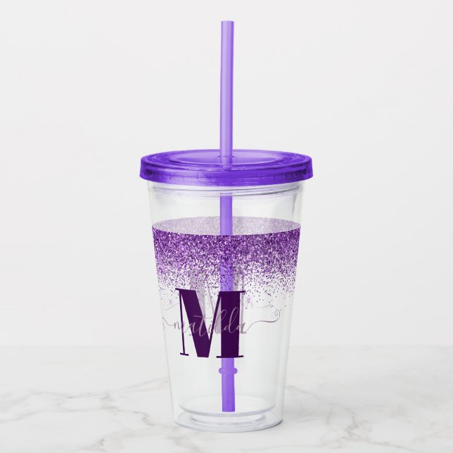 Purple pink girly modern glitter sparkle monogram  acrylic tumbler (Front)