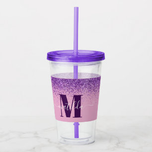 Purple pink girly modern glitter sparkle monogram acrylic tumbler