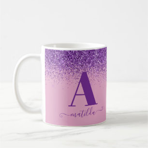 Purple pink girly modern glitter sparkle monogram coffee mug
