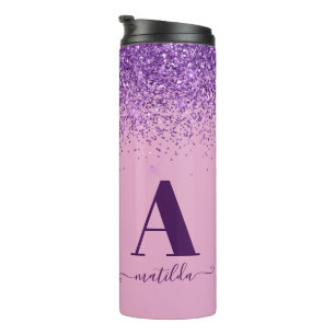 Purple pink girly modern glitter sparkle monogram thermal tumbler