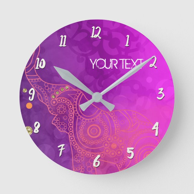 Purple Pink Glam Elephant Personalised Custom Round Clock (Front)