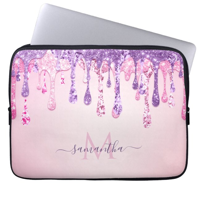 Purple Pink Glam Glitter Dripping Monogrammed Name Laptop Sleeve (Front)