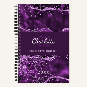 Purple pink glitter agate marble monogram notebook