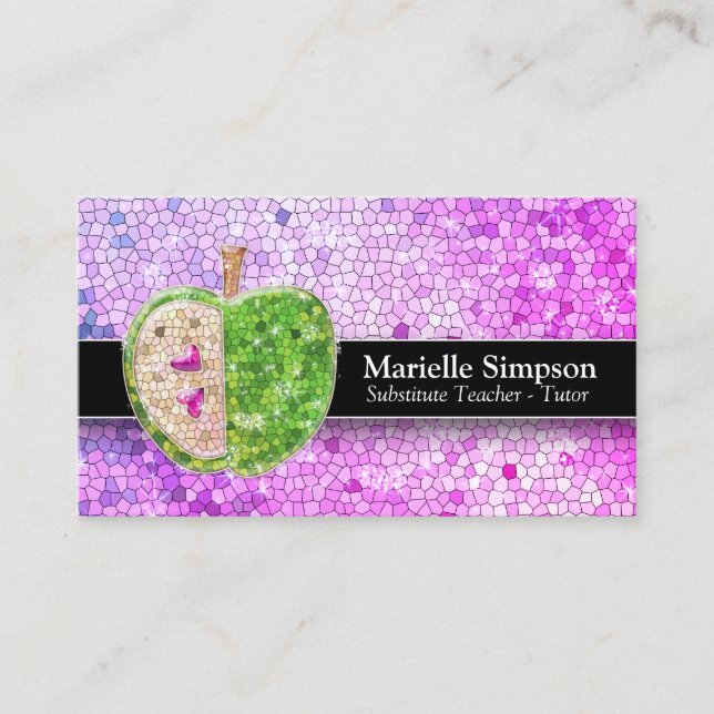Purple Pink Glitter Apple Substitute Teacher Tutor Business Card (Front)