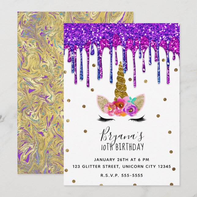 Purple & Pink Glitter Drip Unicorn Birthday Party Invitation (Front/Back)