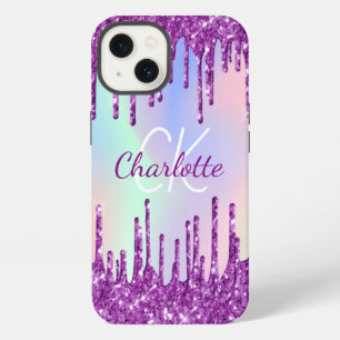 Purple pink glitter drips holographic name iPhone 13 case