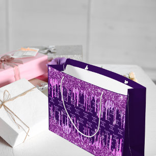 Purple pink glitter drips name birthday large gift bag