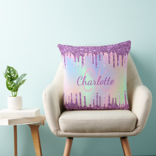 Purple pink glitter drips name script cushion