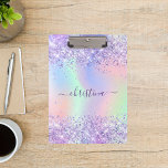 Purple pink glitter dust holographic name  clipboard<br><div class="desc">A trendy iridescent, holographic background with pastel colours in pink, purple, rose gold, mint green. Decorated with faux glitter dust. Purple coloured letters. Personalise and add your name. The name is written with a modern hand lettered style script with swashes. To keep the swashes only delete the sample name, leave...</div>