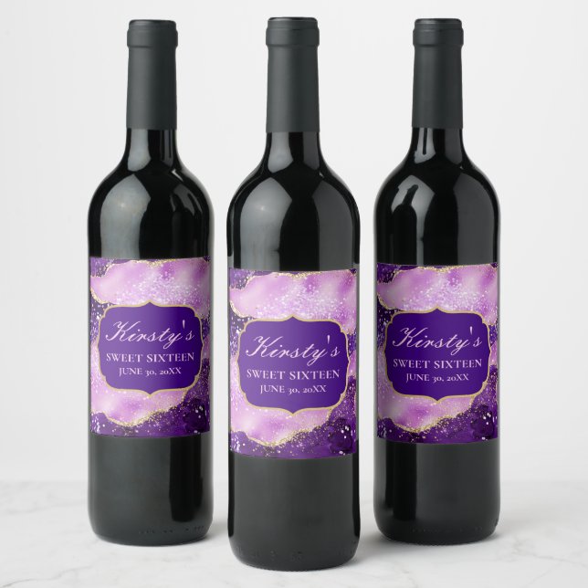 Purple & Pink Glitter Geode Agate Sweet 16 Wine Label (Bottles)