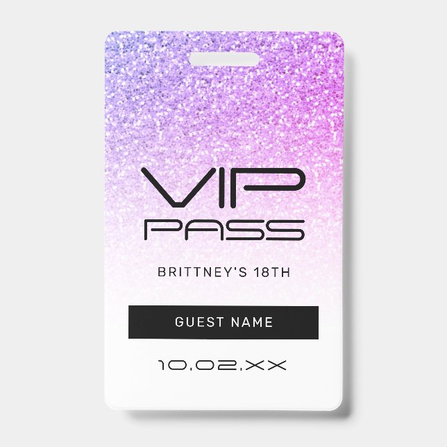 Purple Pink Glitter Glam VIP Pass 18th Invitation ID Badge (Front)