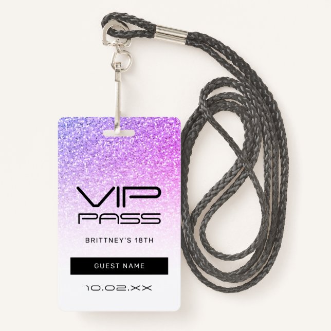 Purple Pink Glitter Glam VIP Pass 18th Invitation ID Badge (Front with Lanyard)