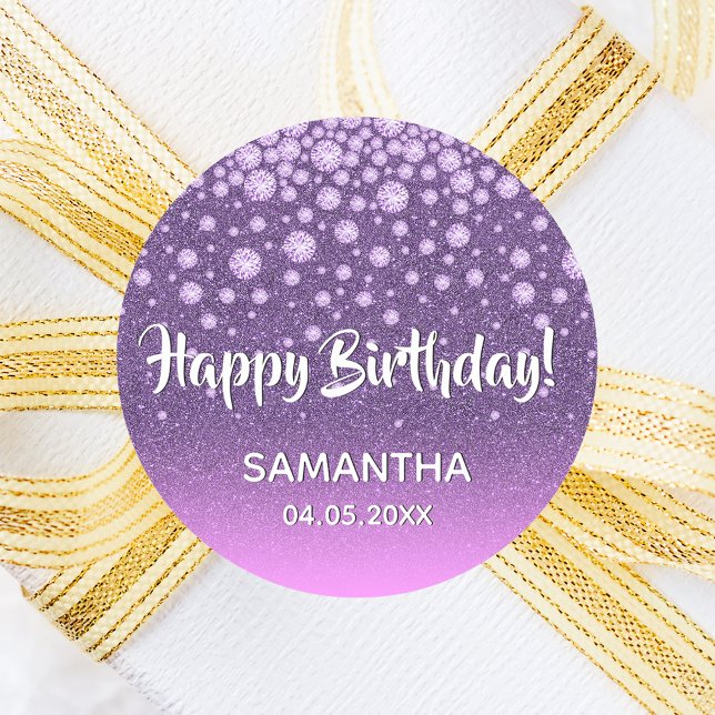 Purple pink glitter Happy Birthday Classic Round Sticker (Creator Uploaded)