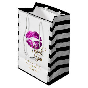 Purple Pink Glitter Lips & White Stripes Medium Gift Bag