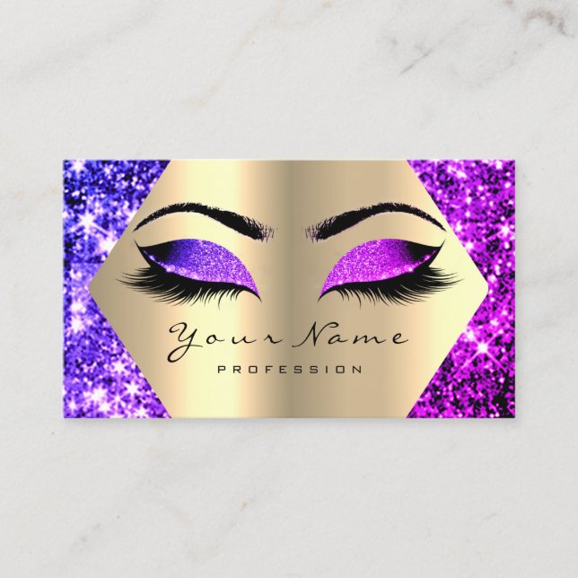 Purple Pink Glitter Makeup Artist Lashes Gold Business Card (Front)