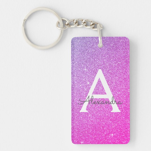 Purple Pink Glitter & Sparkle Monogram Key Ring (Front)
