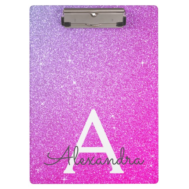 Purple Pink Glitter & Sparkle Monogram School Clipboard (Front)