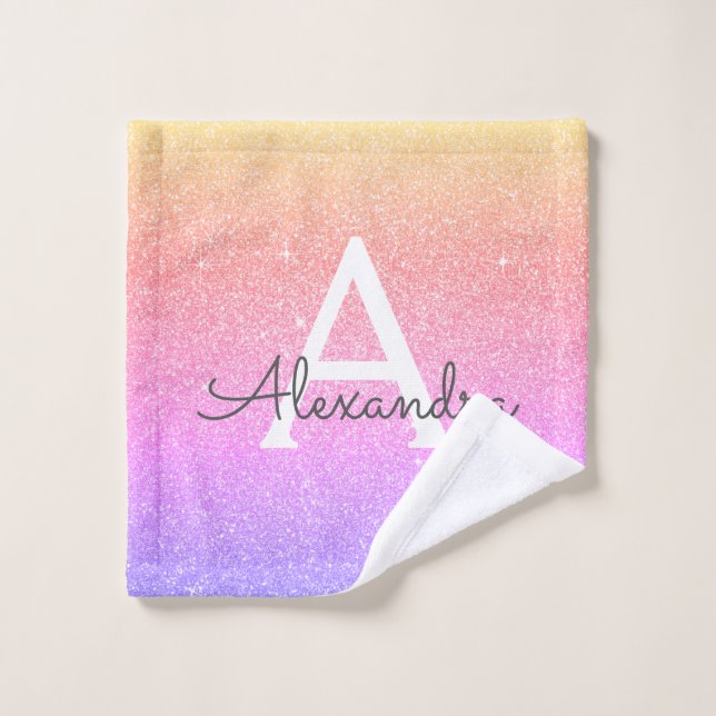 Purple Pink Glitter & Sparkle Monogram Wash Cloth (Wash Cloth)