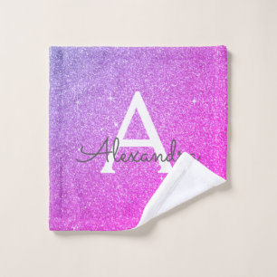 Purple Pink Glitter & Sparkle Monogram Wash Cloth