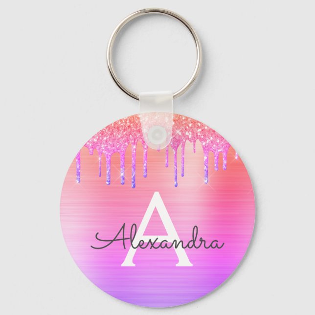 Purple Pink Glitter Stainless Steel Monogram Key Ring (Front)