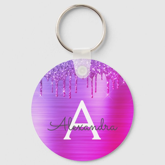 Purple Pink Glitter Stainless Steel Monogram Key Ring (Front)