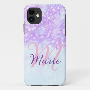 Purple pink glitter star monogram add letter text iPhone 11 case