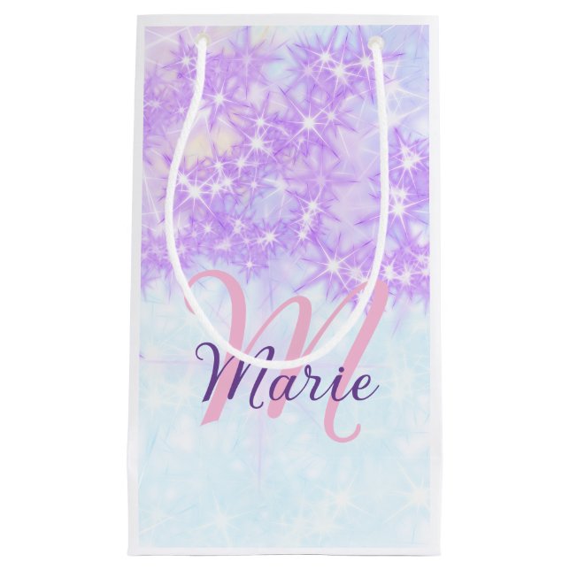 Purple pink glitter star monogram add letter text small gift bag (Front)