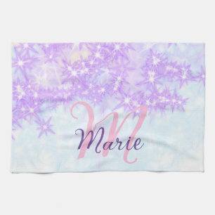 Purple pink glitter star monogram add letter text tea towel