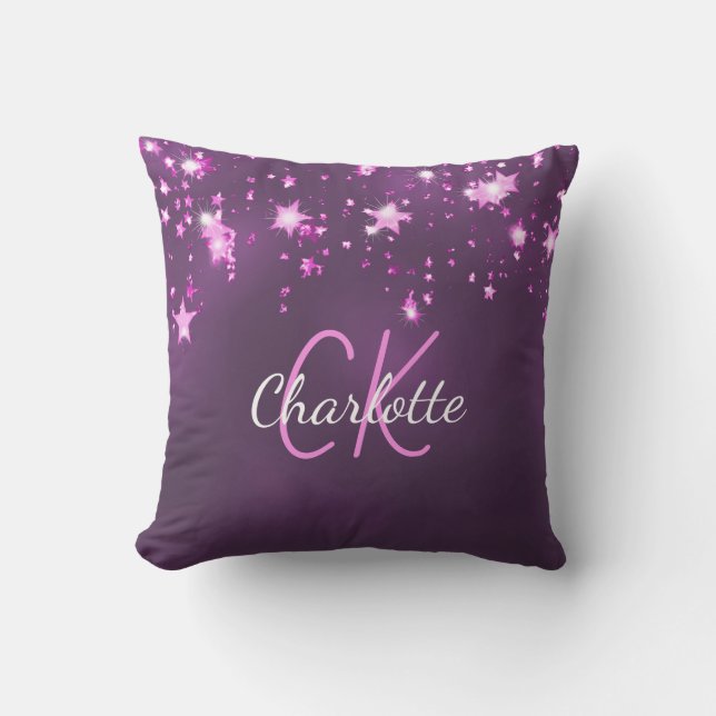 Purple pink glitter stars monogram name  cushion (Front)