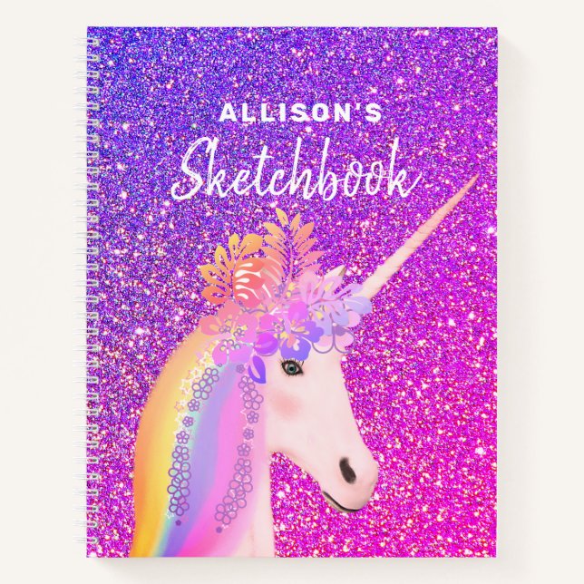Purple Pink Glitter Unicorn Sketchbook With Name Notebook (Front)