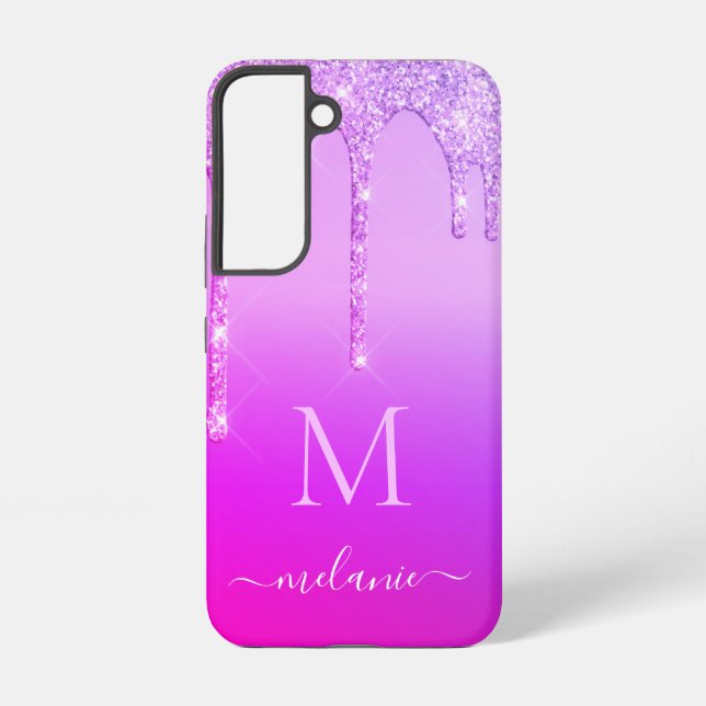 Purple Pink Glitter Your Name Letter Personalised Samsung Galaxy S22 Case (Back)