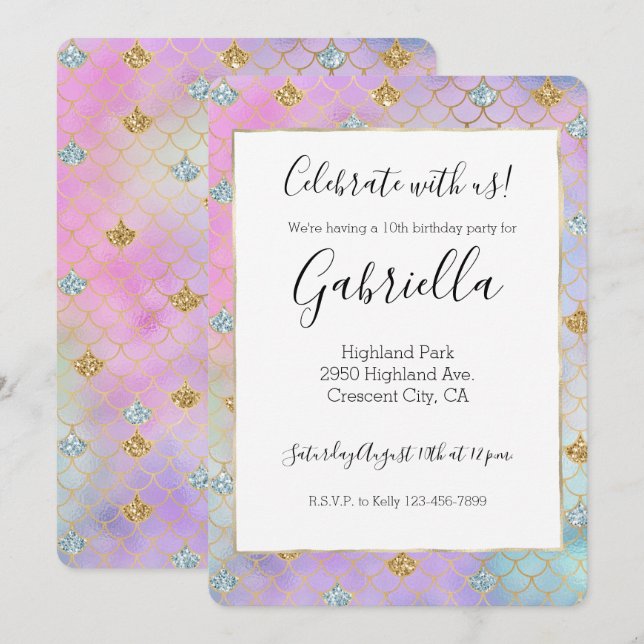 Purple Pink Gold Aqua Glitter Mermaid Sparkle Invitation (Front/Back)