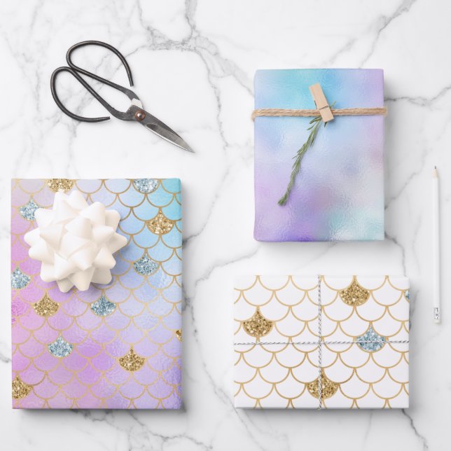 Purple Pink Gold Aqua Glitter Mermaid Sparkle      Wrapping Paper Sheet (Front)